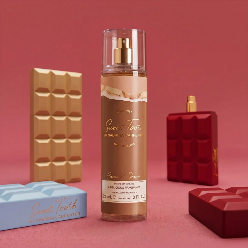 Sabrina Carpenter Fragrances featuring Caramel Dream, Cherry Baby and Me Espresso displayed on a dull pink backdrop.