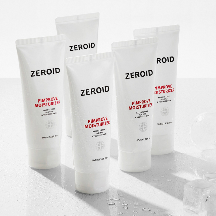 ZEROID Pimprove Moisturiser tubes displayed on a clean white backdrop with water droplets.