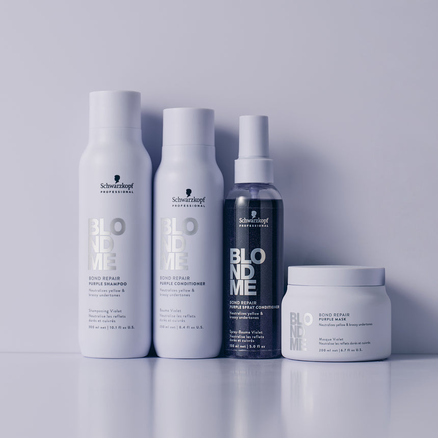 Schwarzkopf Professional Blond Me products featuring Shampoo, Conditioner, Purple Spray Conditioner and Purple Mask displayed on a light purple background.
