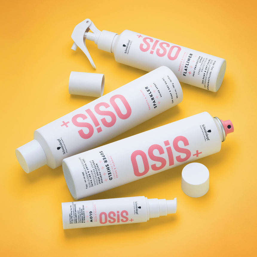 Schwarzkopf Professional OSIS+ products featuring Glow, Super Shield, Sparkler and Flatliner displayed on a yellow backdrop.