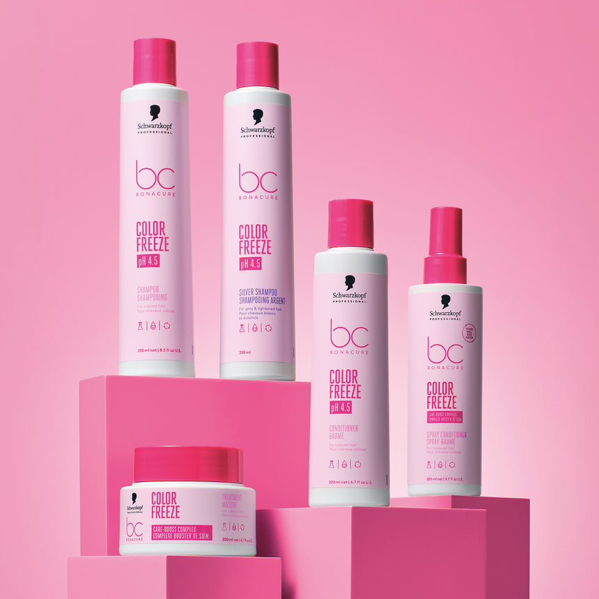 Schwarzkopf Professional Color Freeze products displayed on a minimalistic pink backdrop.