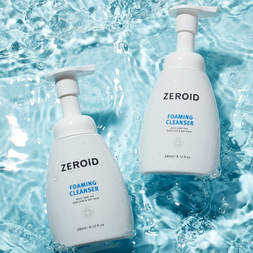 ZEROID Foaming Cleanser bottles displayed amongst fresh blue water.