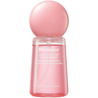 Biodance Collagen Peptide Jelly Serum Mist in a translucent pink bottle with a large spherical pink cap, shown on a plain white background.