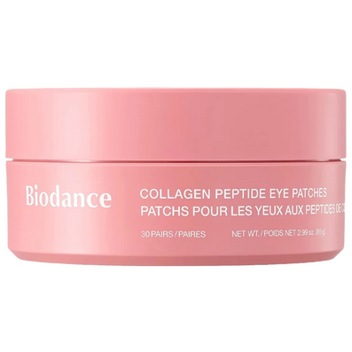 Biodance Collagen Peptide Eye Patches in a pink cylindrical jar with white text, on a plain white background.