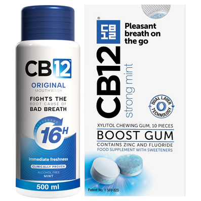 CB12 Mouthwash Mint/Menthol 500ml & Boost Strong Mint Chewing Gum x10 Twin