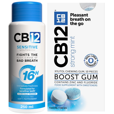 CB12 Sensitive Mouthwash Soft Menthol 250ml & Boost Strong Mint Chewing Gum x10 Twin
