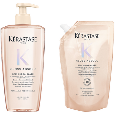 Kérastase Gloss Absolu Bain Hydra-Glaze Hydra-Illuminating Shampoo Refill Pouch 500ml & Refillable Bottle 500ml Twin