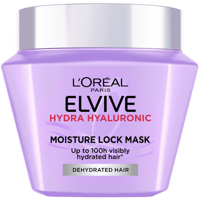 L'Oréal Paris Elvive Hydra Hyaluronic Moisture Lock Mask in a lavender purple jar with a metallic silver lid, shown on a plain white background.