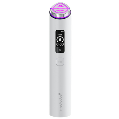 A white MedCube LED mask device with a digital display screen and a purple illuminated treatment head, set against a plain white background.