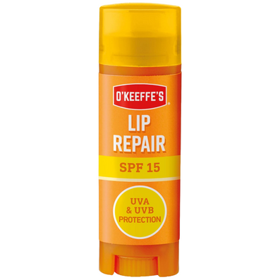 O'Keeffe's Lip Repair SPF 15 stick in a bright orange and yellow container, shown against a plain white background.