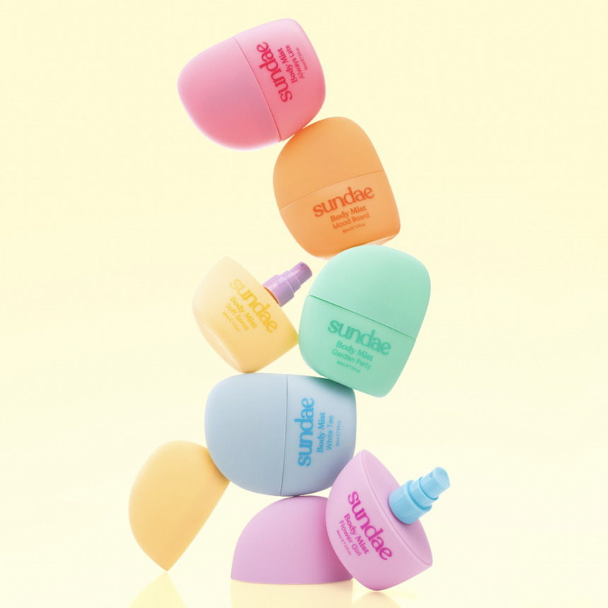 Multiple Sundae Body Mist displayed in a light yellow setting.