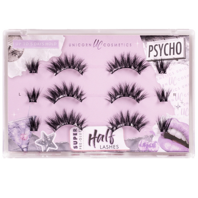 Unicorn Cosmetics Psycho Super Pre-Glued Half Strip Lashes Black 3 Pairs