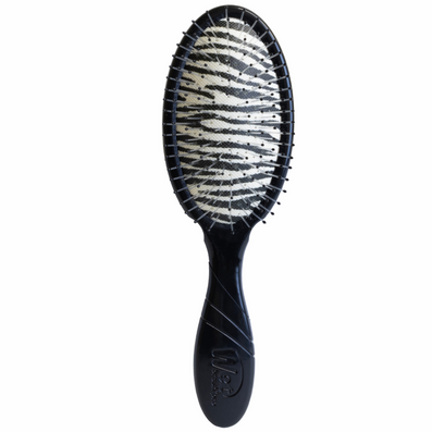 A black oval hairbrush with a zebra-print bristle pad, shown vertically against a plain white background.