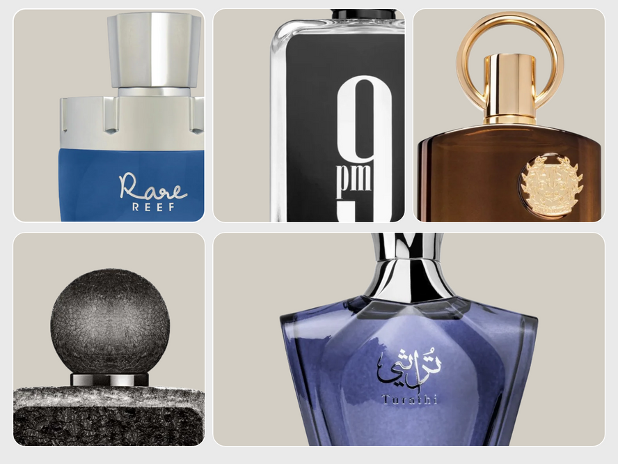 A selection of the best Afnan perfumes including 9PM Pour Homme, Rare Reef, Supremacy in Oud and Turathi Blue from the viral Arabian fragrance brand