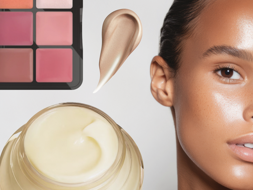 A flatlay of the best makeup products for dewy skin, including primer, skin tint, cream blush, bronzer, lip oil and setting spray for a fresh, glowy makeup look