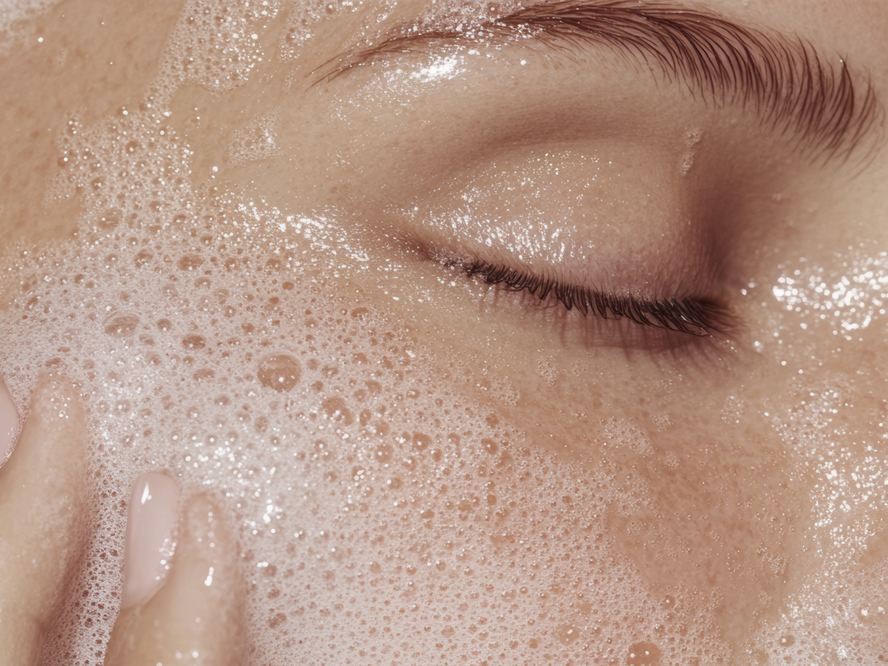 A guide to double cleansing showing cleansing oils, balms and micellar waters as first cleanse options, followed by a gentle second cleanser to remove make-up, SPF and daily build-up