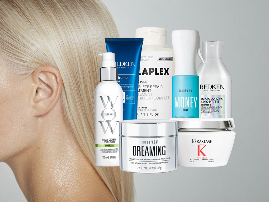A guide to repairing damaged hair featuring bond repair treatments, strengthening shampoos, hair masks and leave-in treatments from brands including Olaplex, Redken and Kérastase