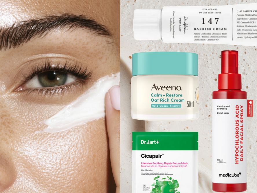 A selection of skin barrier repair products including ceramide moisturisers, hydrating essences and soothing creams to help restore and protect a damaged skin barrier