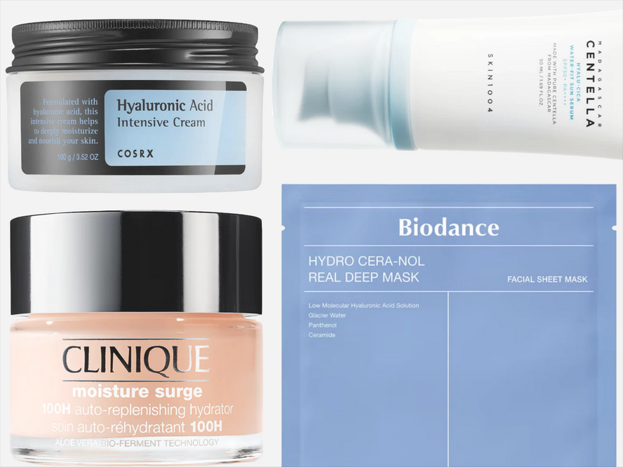 A guide to hyaluronic acid skincare showing hydrating serums, toners and moisturisers that help skin look plumper, fresher and more supple