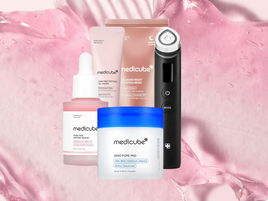 Medicube bestselling K-beauty products including the Zero Pore Pads, PDRN Pink Peptide Serum, Collagen Jelly Cream and Age-R Booster Pro device for glass skin-inspired results