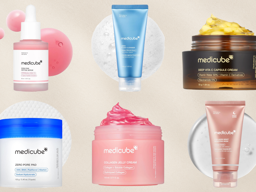 A selection of Medicube skincare products including the Collagen Jelly Cream, Zero Pore Pads and PDRN Pink range, showcasing the best K-beauty ranges for glass skin, pores and radiance