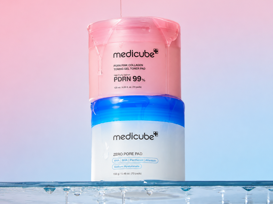 A lineup of Medicube toner pads including the Zero Pore Pad, PDRN Pink Collagen Gel Toner Pads, Red Succinic Acid Peeling Pads and Deep Vita C Pads for every K-beauty skin concern