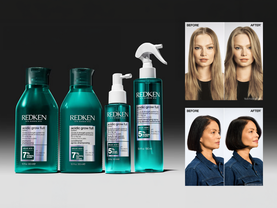 Redken Acidic Grow Full haircare products for fine hair, including a densifying shampoo, conditioner, scalp serum and volumising spray to add body and fullness