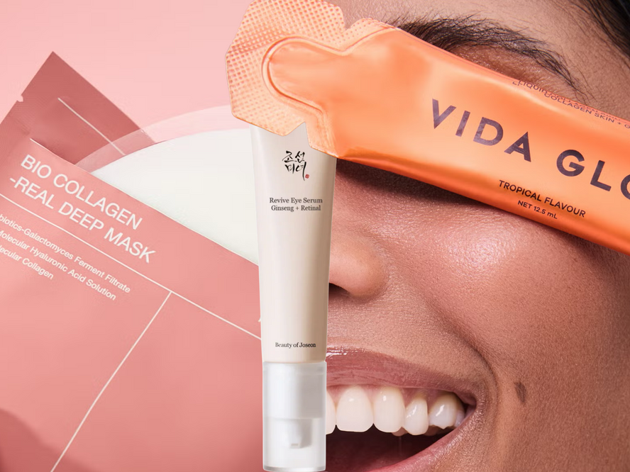 A guide to collagen skincare showing collagen creams, serums and supplements that support firmer, plumper and more radiant-looking skin
