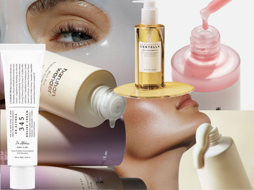 A selection of K-Beauty skincare products for a glass skin routine, including a cleansing oil, essence, serum, mask, moisturiser and SPF