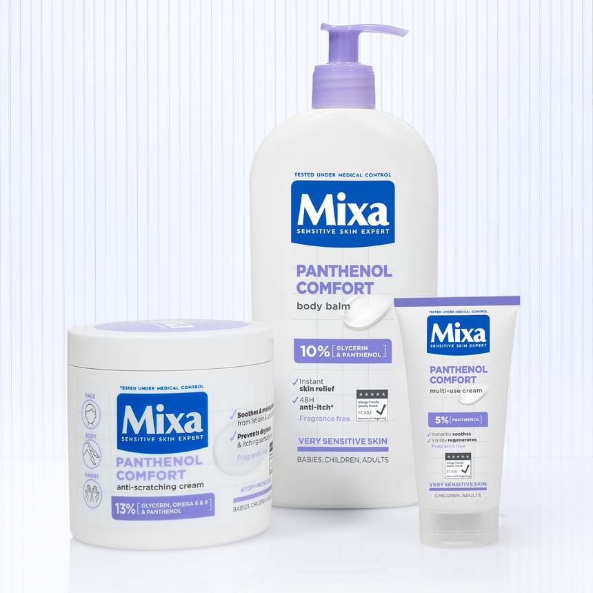 Mixa Panthenol Comfort Body Balm, Anti-Scratching Cream and Multi-Use Cream displayed against a soft lilac and white backdrop.