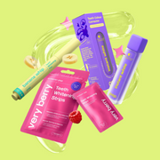 POP Oral Beauty teeth whitening products, including whitening strips and pens, displayed against a bright lime green background with playful glossy details.