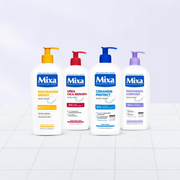 Mixa Niacinamide Bright, Urea Cica Repair, Ceramide Protect and Panthenol Comfort body lotions displayed on a tiled white backdrop.