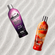 ProTan Incredibly Black and Hot Tottie tanning lotions displayed on white sand.