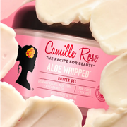 Camille Rose Aloe Whipped Butter Gel displayed against creamy product swatches.