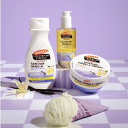 Palmer’s Tahitian Vanilla bodycare collection featuring body lotion, body oil and body cream, displayed with vanilla flowers and an ice cream cone against a lilac background.
