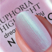 Close-up of a shimmery lilac nail featuring Euphoric Highlight nail polish with the bottle blurred in the background.