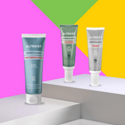 Altruist products featuring Moisturising, Primer and Altruist Dermatologist Anti-Redness & Pigmentation displayed on a colourful background.