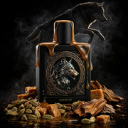 Rayhaan Fragrance presented on a dark mysterious background with various different scent-inspired elements.