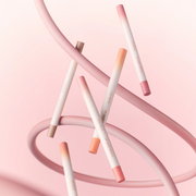 A variety of Rom&Nd Lip Mate Pencil products displayed against a pink radiant backdrop.