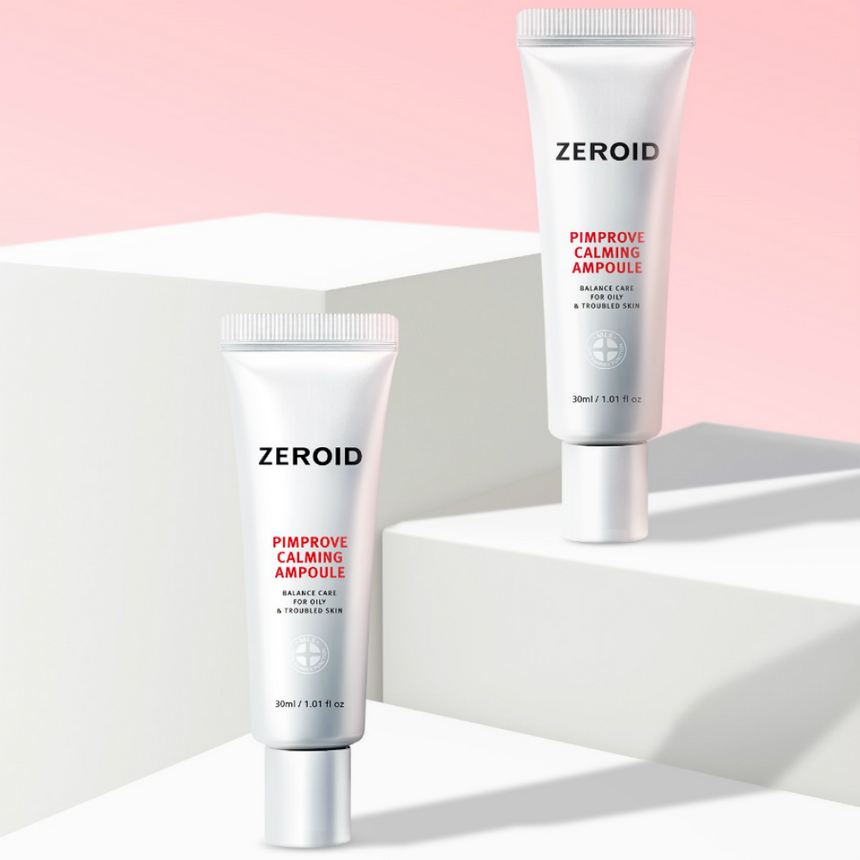 ZEROID Pimprove Calming Ampoule tubes displayed on white plinths against a soft pink backdrop.