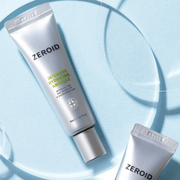 ZEROID Intensive Hydrating Ampoule displayed against a fresh light blue backdrop with soft water-inspired reflections.