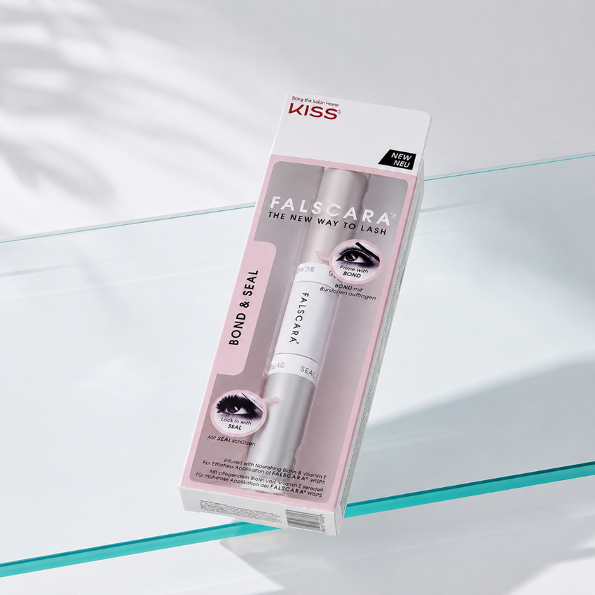 Kiss Falscara Bond & Seal displayed against glass on a white backdrop.