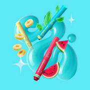 POP Oral Beauty teeth whitening pens in Watermelon Splash, Simply Mint and a Banana Whip, surrounded by fresh fruit and mint leaves.