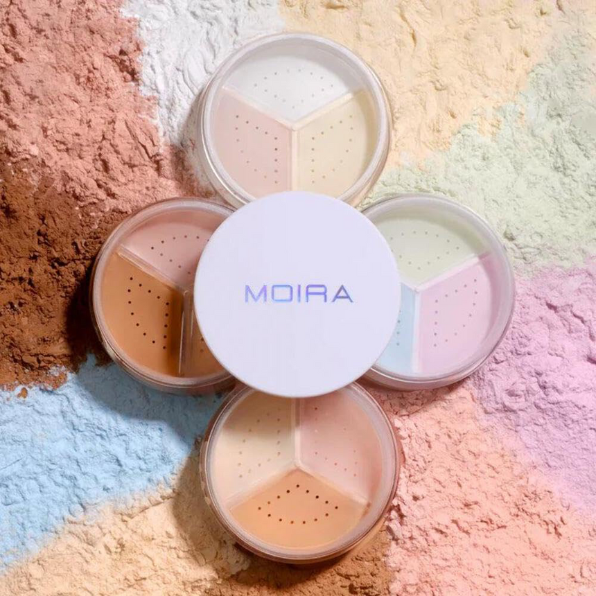 Moira Loose setting powder displayed against colourful powder makeup swatches.