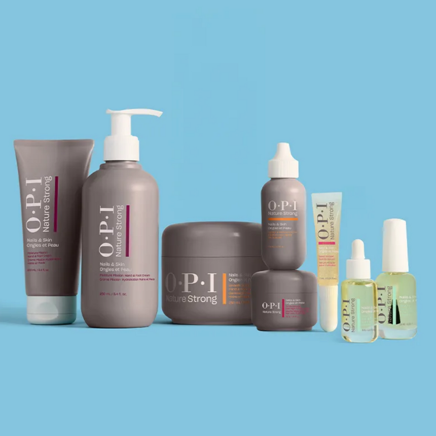 A variety of OPI Nature Strong products displayed against a light blue backdrop.