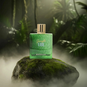 Rayhaan Jungle Vibe Fragrance displayed in a rainforest-inspired background.