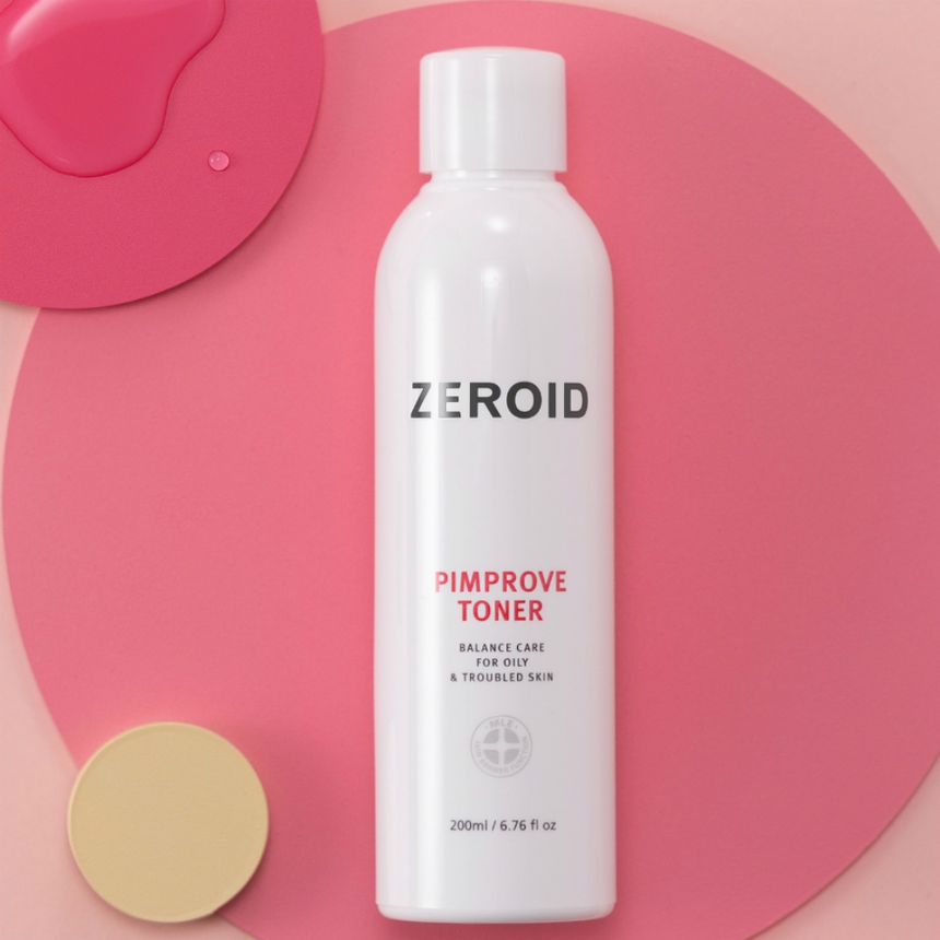 ZEROID Pimprove Toner displayed against a pink backdrop with bold circular details and a glossy toner texture.