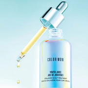Color Wow Youth Juice Collagen Scalp Treatment with dropper displayed against a soft blue gradient background.