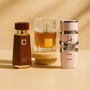 A selection of Arabic fragrances, including French Avenue Liquid Brun, Lattafa Khamrah and Yara, displayed on a warm beige background.