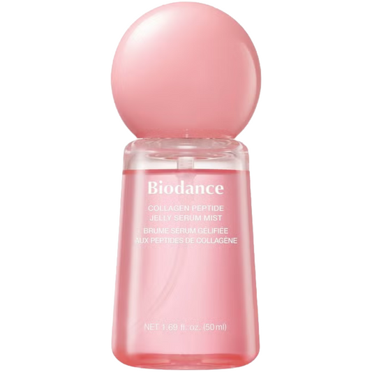 Biodance Collagen Peptide Jelly Serum Mist in a translucent pink bottle with a large spherical pink cap, shown on a plain white background.